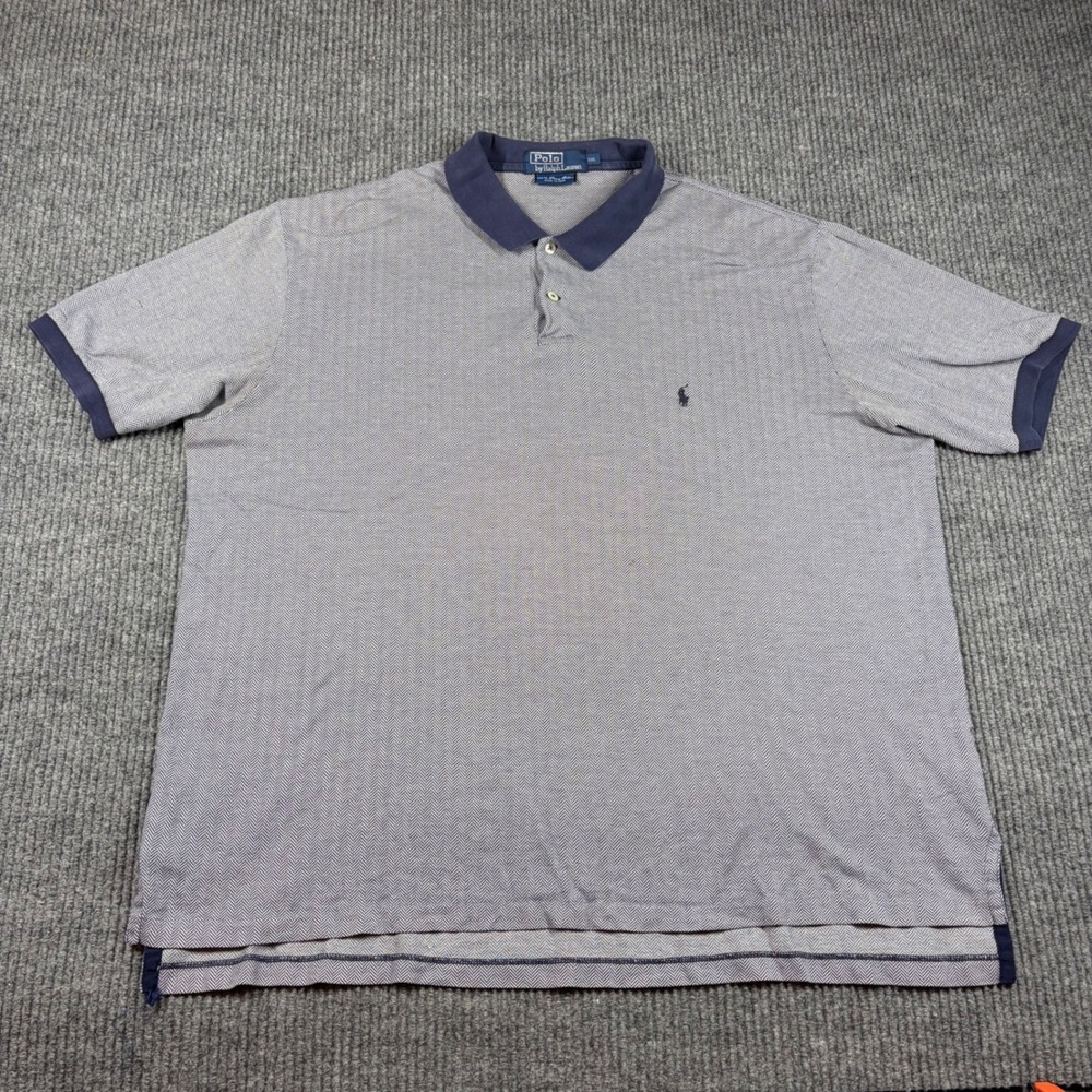 Polo Ralph Lauren Shirt Men's XXL Blue Herringbone Pima Cotton Short Sleeve Polo - Picture 2 of 7